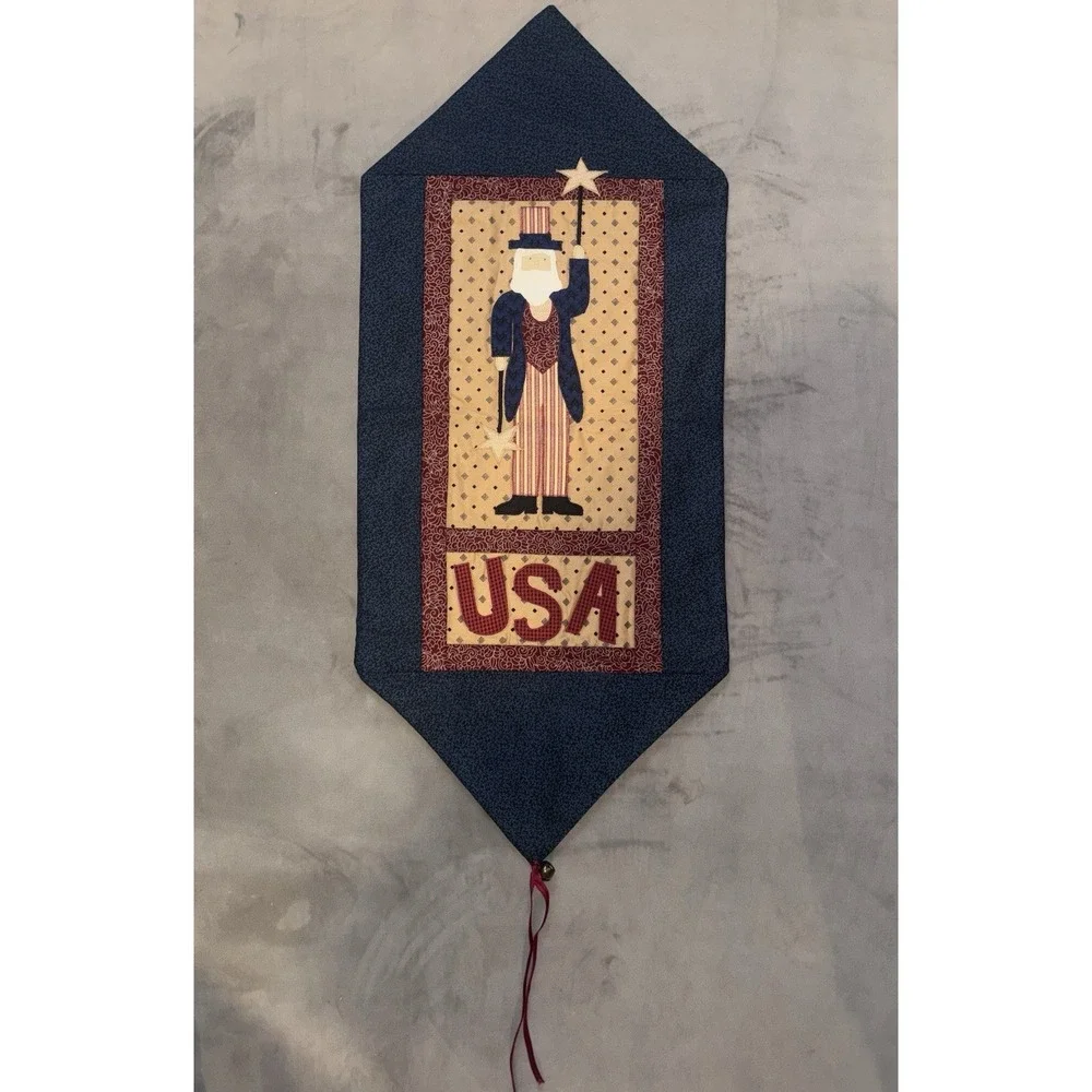 Vintage USA 4th of July Tapestry Banner Wall Hanging Uncle Sam Stars Stripes Red
